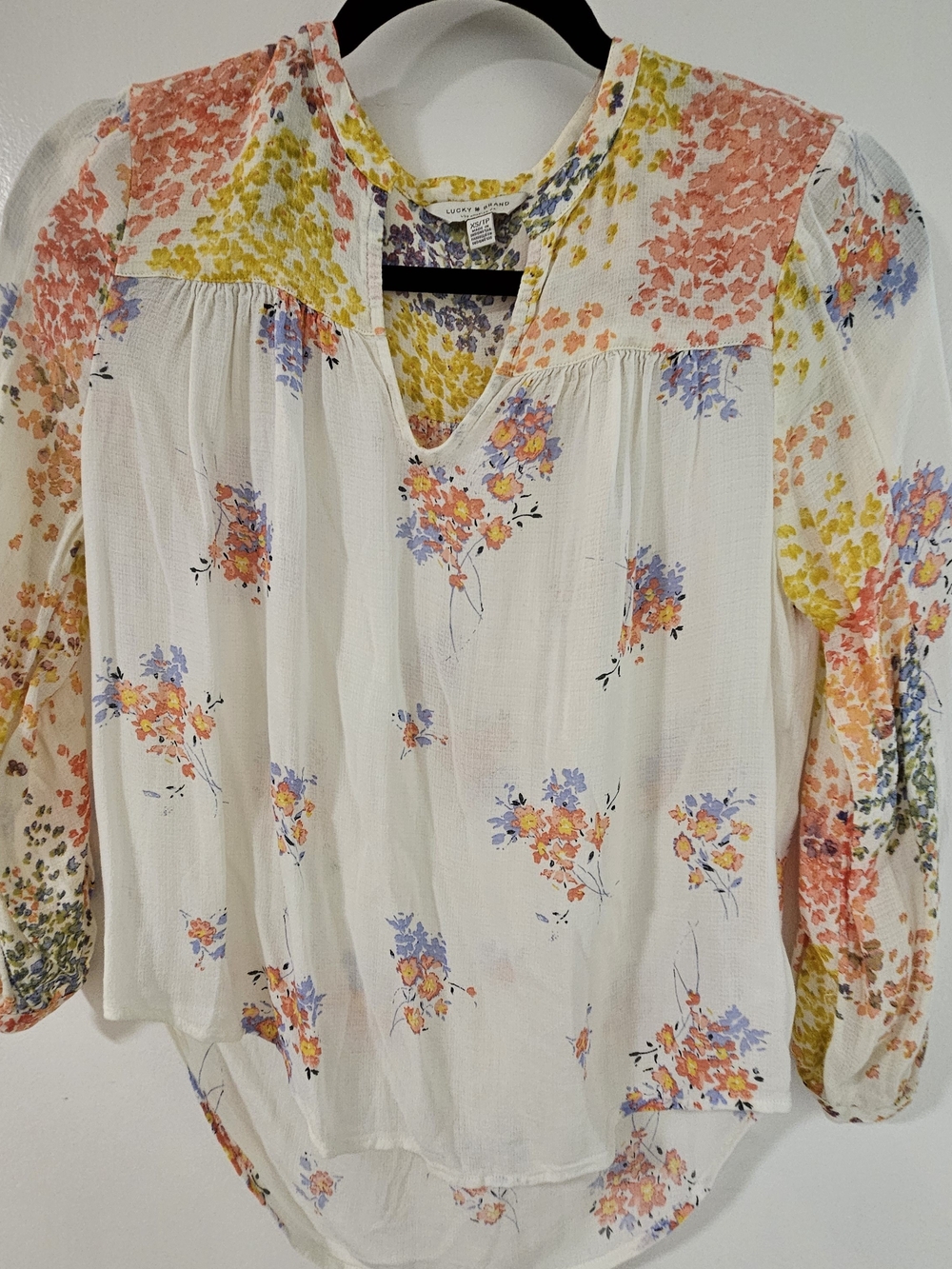 Lucky Brand White Floral V-Neck Peasant Top - Coral, Yellow, Lavender